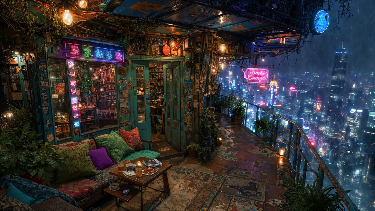 🎵 Sachi Lounge: Rainy Escape Above the Cyberpunk Skyline | Ambient Music Chill | 4K | 10 Hours