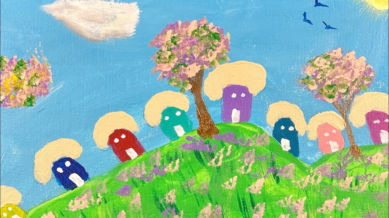 An Old Woman Making Things is live!  Painting a little mushroom village