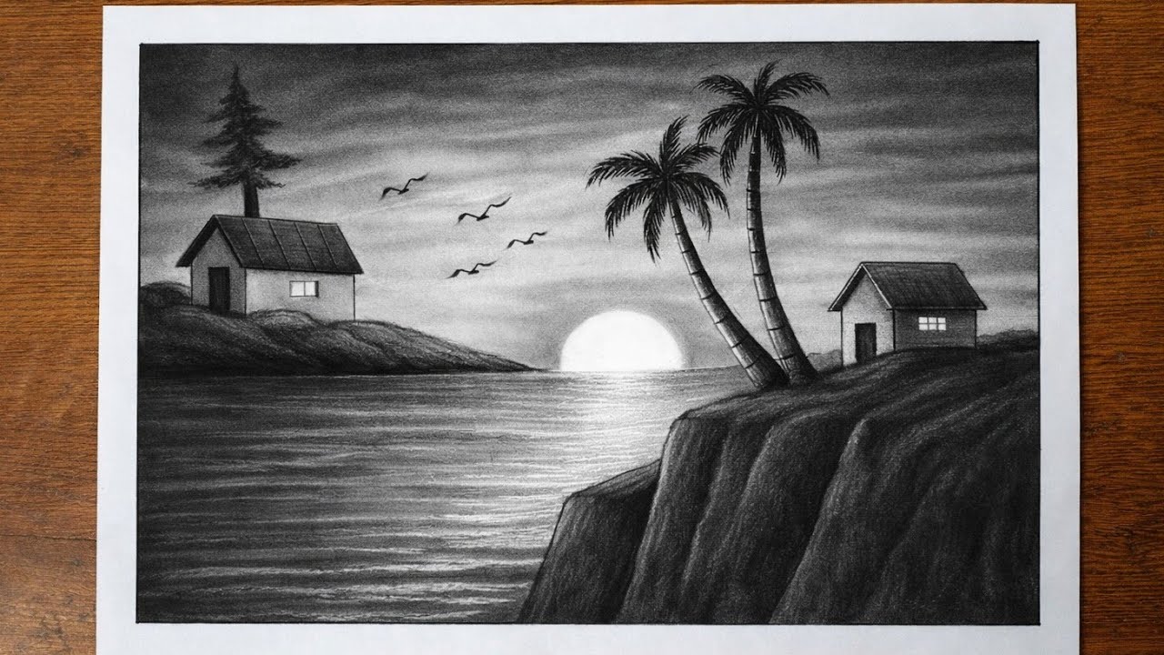 Beautiful Nature Scenery Drawing | Easy Landscape Drawing