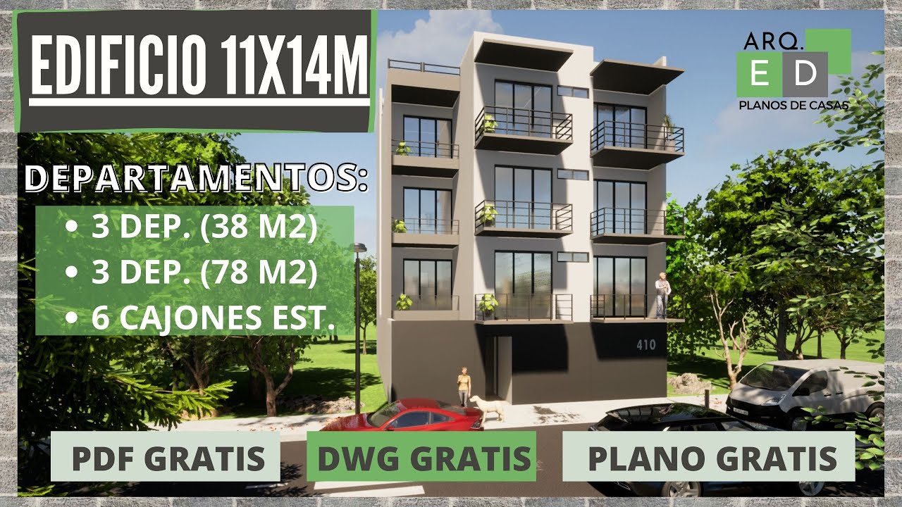 EDIFICIO DE DEPARTAMENTOS 11X14 METROS - PARA RENTAR -  🏡🔴 con 1 y 2 dormitorios  ✅ PDF + DWG PLANO