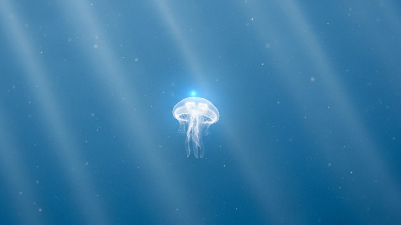 A Tiny Jellyfish Drifting Through a Quiet Blue Canyon