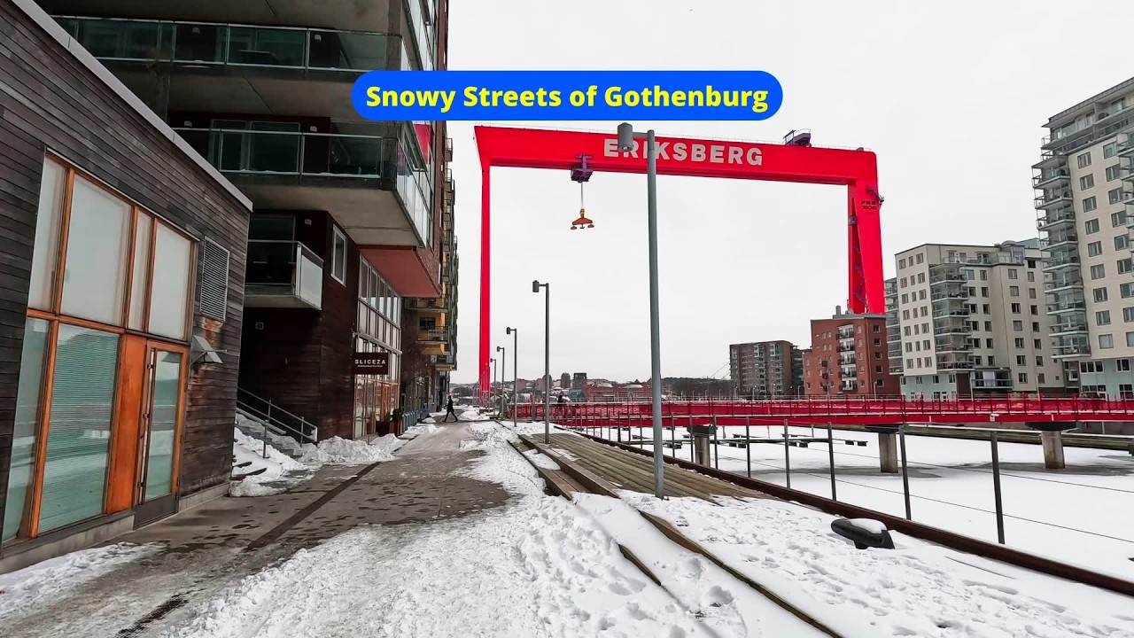 Gothenburg Sweden 4K &ndash; Winter Walk Around Eriksberg Snowy Streets