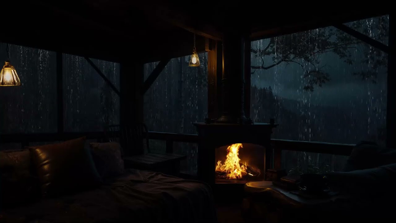 Rainy Night in Cabin with Fireplace | Rain Sounds for Sleep & Relaxation