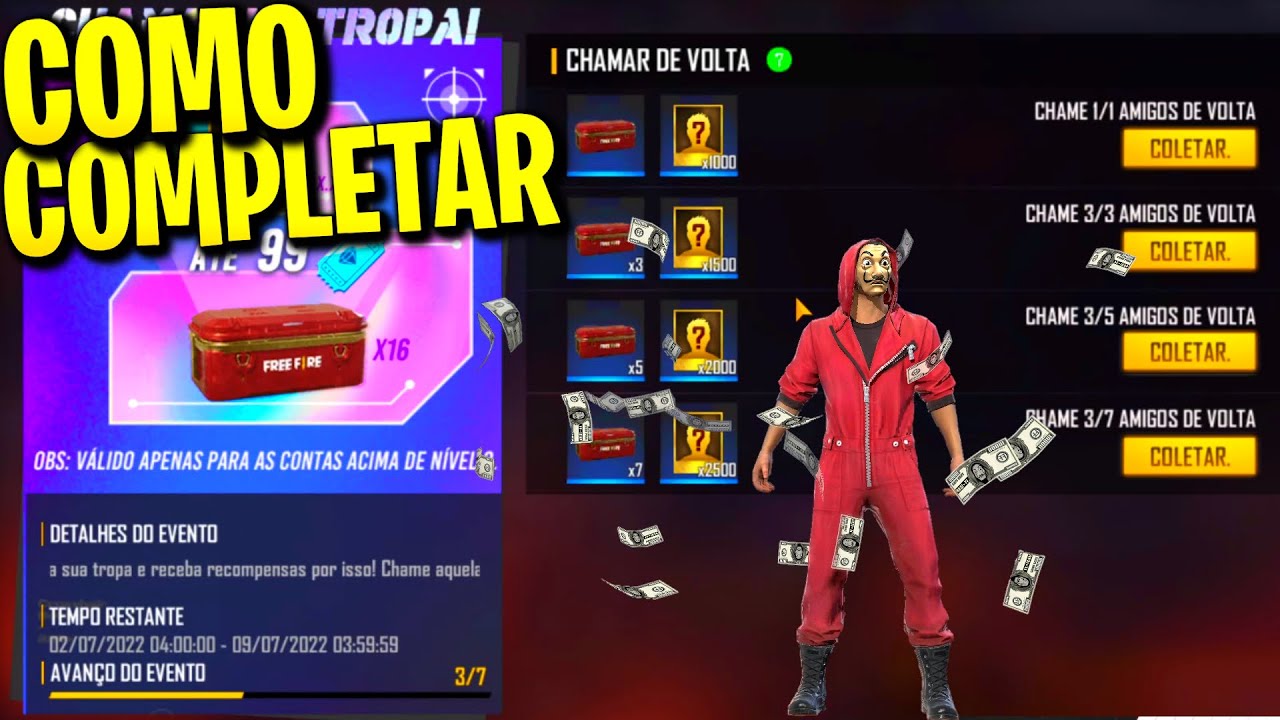 COMO CHAMAR AMIGO DE VOLTA NO FREE FIRE. COMO COMPLETAR O EVENTO CHAMA SUA TROPA!