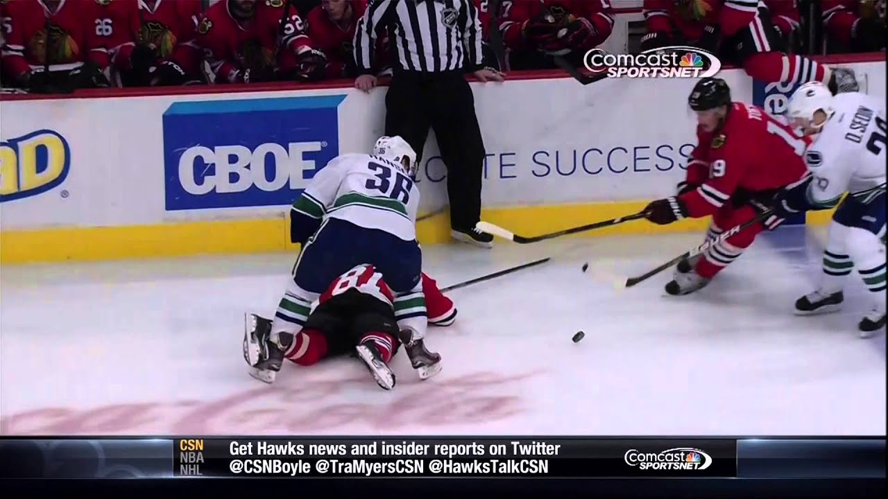 Jannik Hansen flying elbow on Marian Hossa Feb 19 2013 Vancouver Canucks vs Chicago Blackhawks NHL