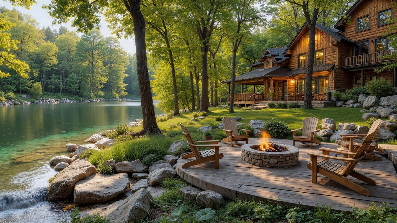 Peaceful Spring River View 🌿🌺 Soothing Piano Music with Campfire for Relaxing, Reading & Focus