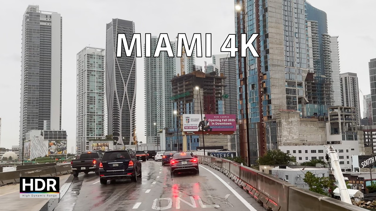 Miami 4K - Rainy Skyline - Driving Downtown - USA