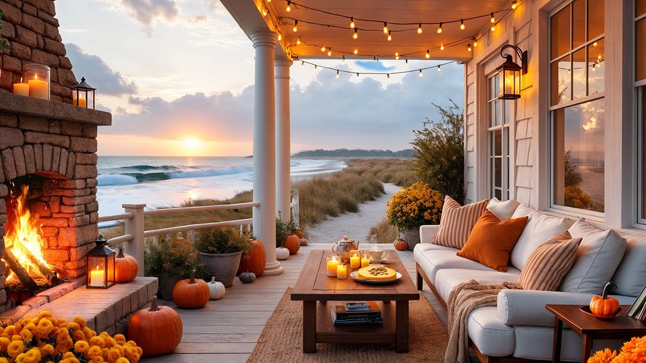 🍂🏡 Autumn Seaside Porch Escape | Cozy Fireplace, Ocean Waves & Birds for Relaxation 🌊🔥