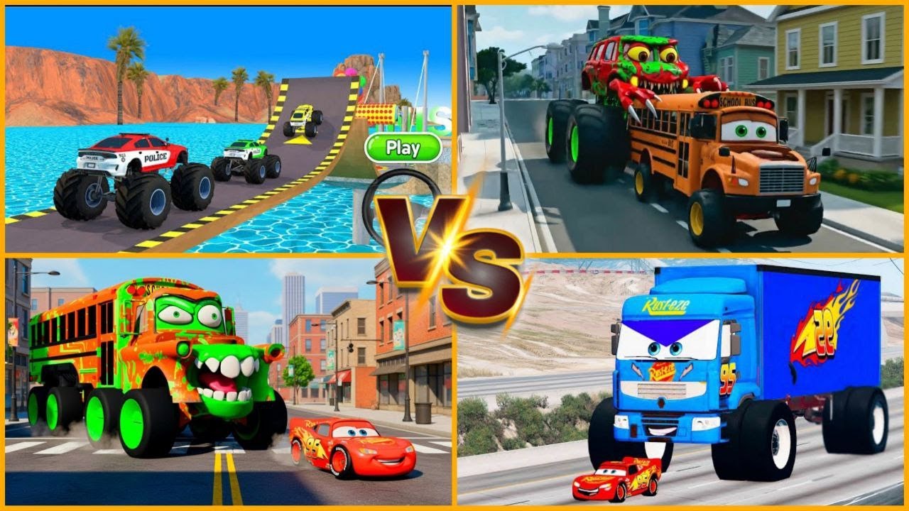 Epic Battle: Monster Trucks vs Zombie Bus! 🏎️ McQueen & Mack stunts! Watch the evolution!