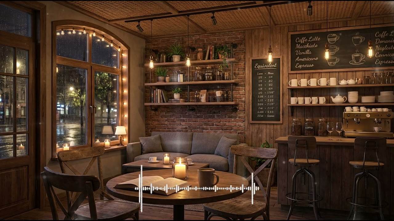 Cozy Coffee Shop with Gentle Night Rain ☕ Smooth Jazz Music  🎷✨