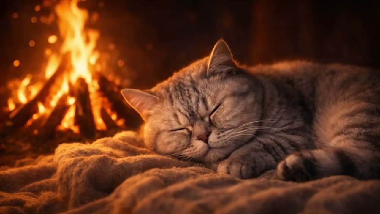 Fireplace with Purring Cat ASMR | Peaceful Evening Fireplace and Gentle Purr