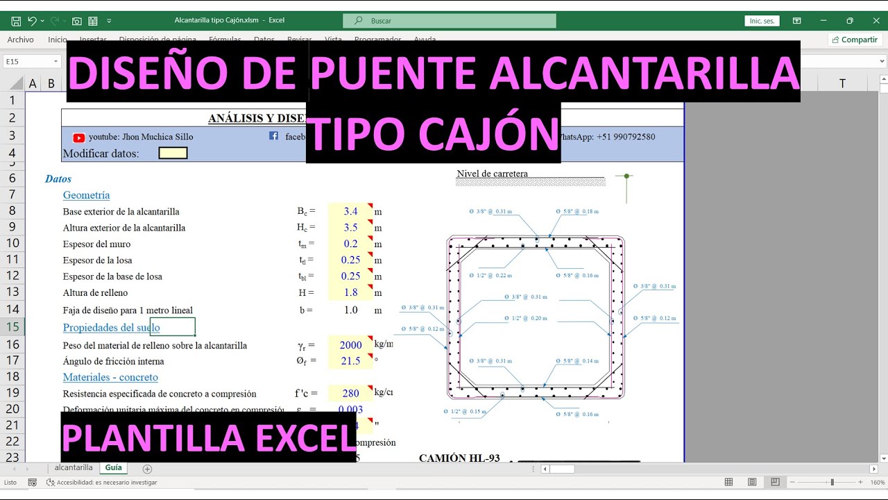DISEÑO DE PUENTE ALCANTARILLA TIPO CAJÓN  - AASHTO (Plantilla excel profesional)