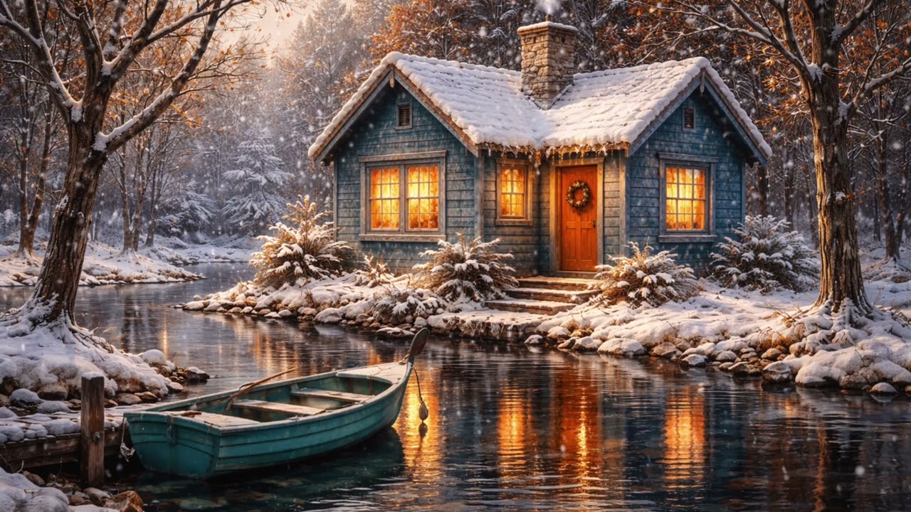 Snowy Forest Cabin | Golden Lights & Falling Snow 4K