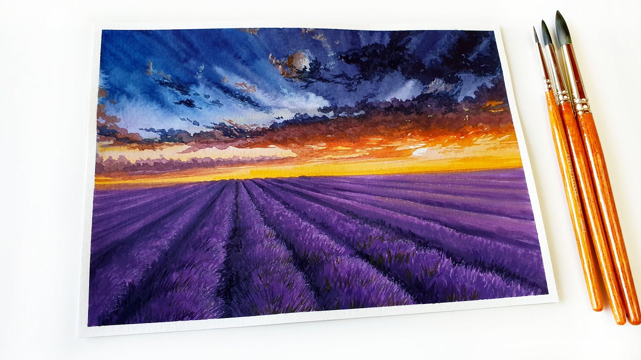Lavender Field Painting with Watercolor