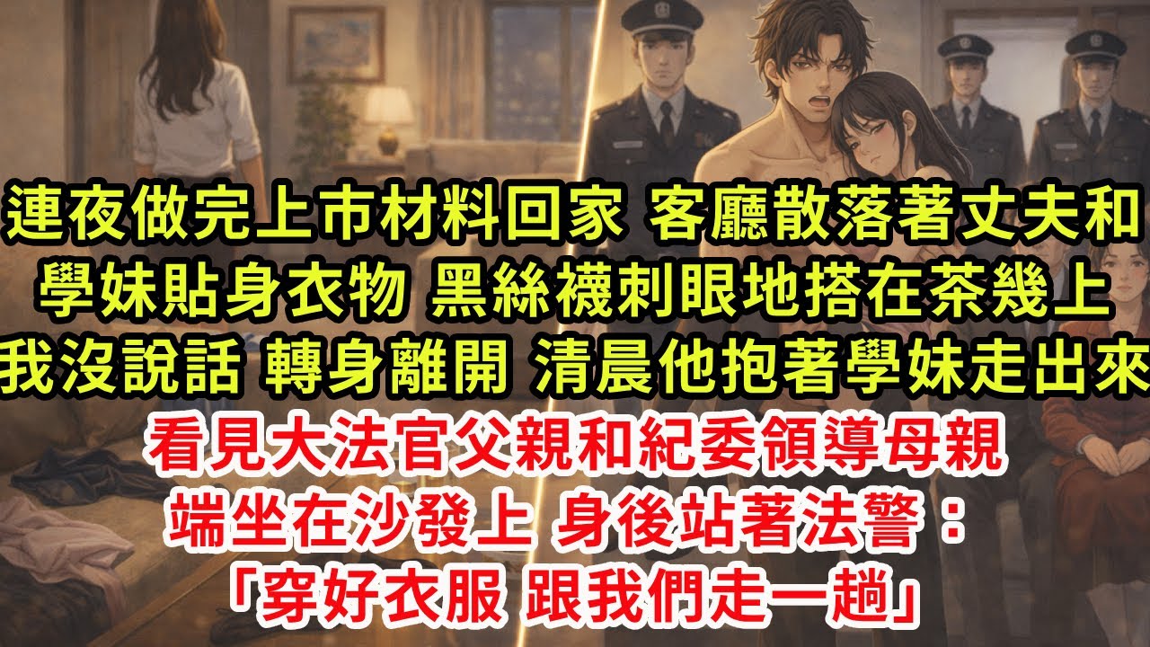 連夜做完上市材料回家，客廳散落著丈夫和學妹貼身衣物，黑絲襪刺眼地搭在茶幾上。我沒說話，轉身離開。清晨，他抱著學妹走出來，看見大法官父親和紀委領導母親端坐在沙發上，身後站著法警：穿好衣服，跟我們走一趟