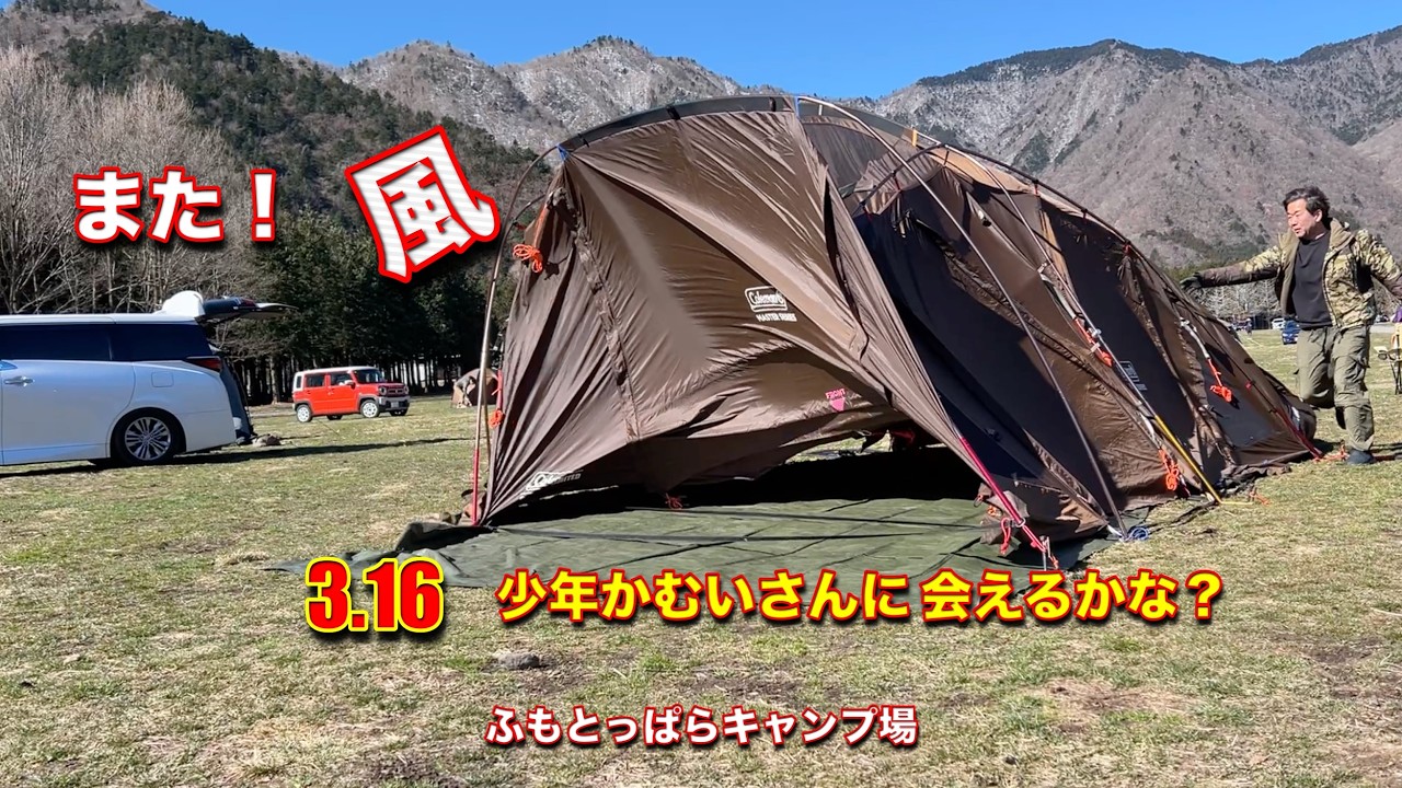 また風速11mの中での設営　3.16 少年かむいさんに会えるかな？　ハイラーメン　【ふもとっぱら】　ゴリダーさん　コクーン　コールマンテント