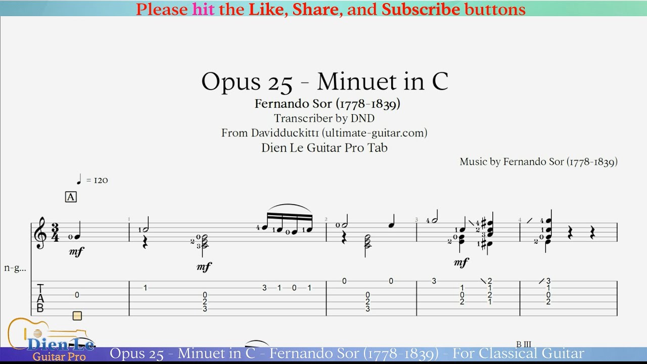 Opus 25 - Minuet in C - Fernando Sor (1778-1839) - For Classical Guitar with TABs