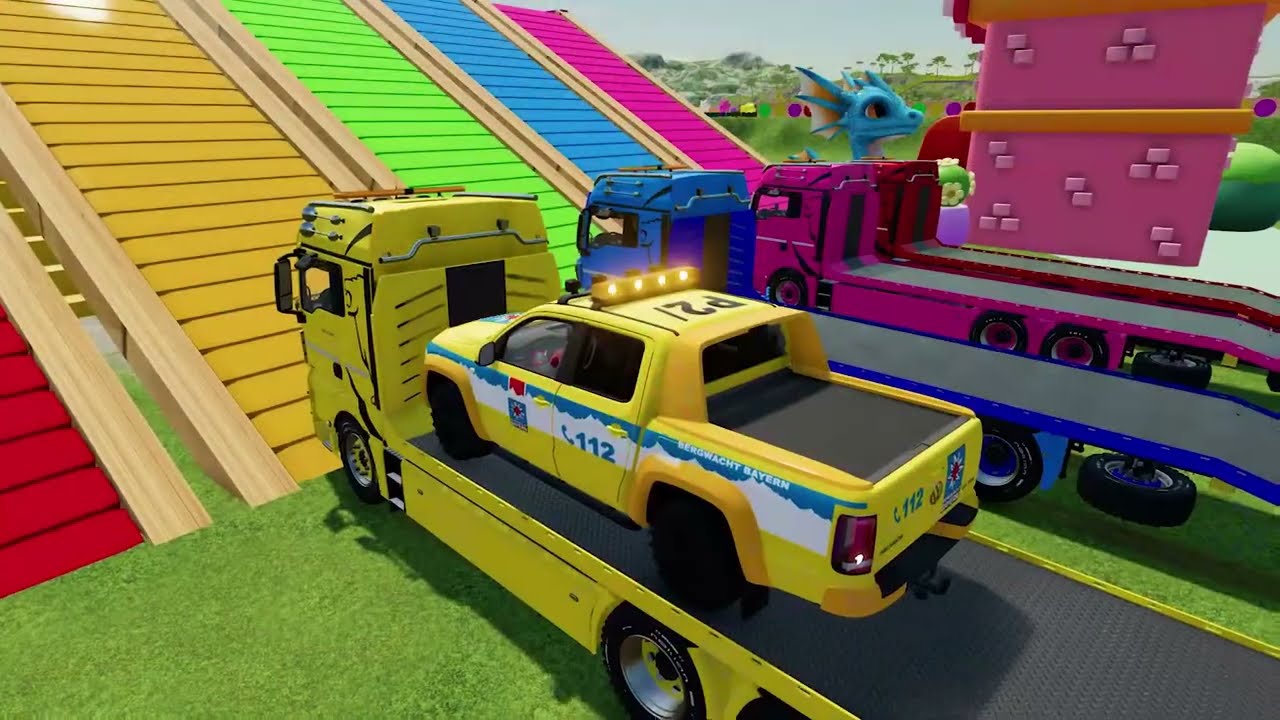 TRANSPORTING PIXAR CARS & FRUITS WITH COLORED & JOHN DEERE vs CLAAS vs TRACTORS - BeamNG.drive #983