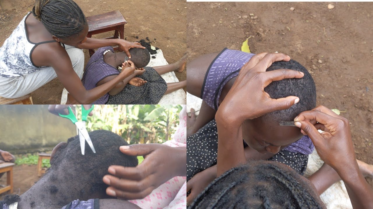 shaving hair in my African village / using a razor blade and a pair of scissors