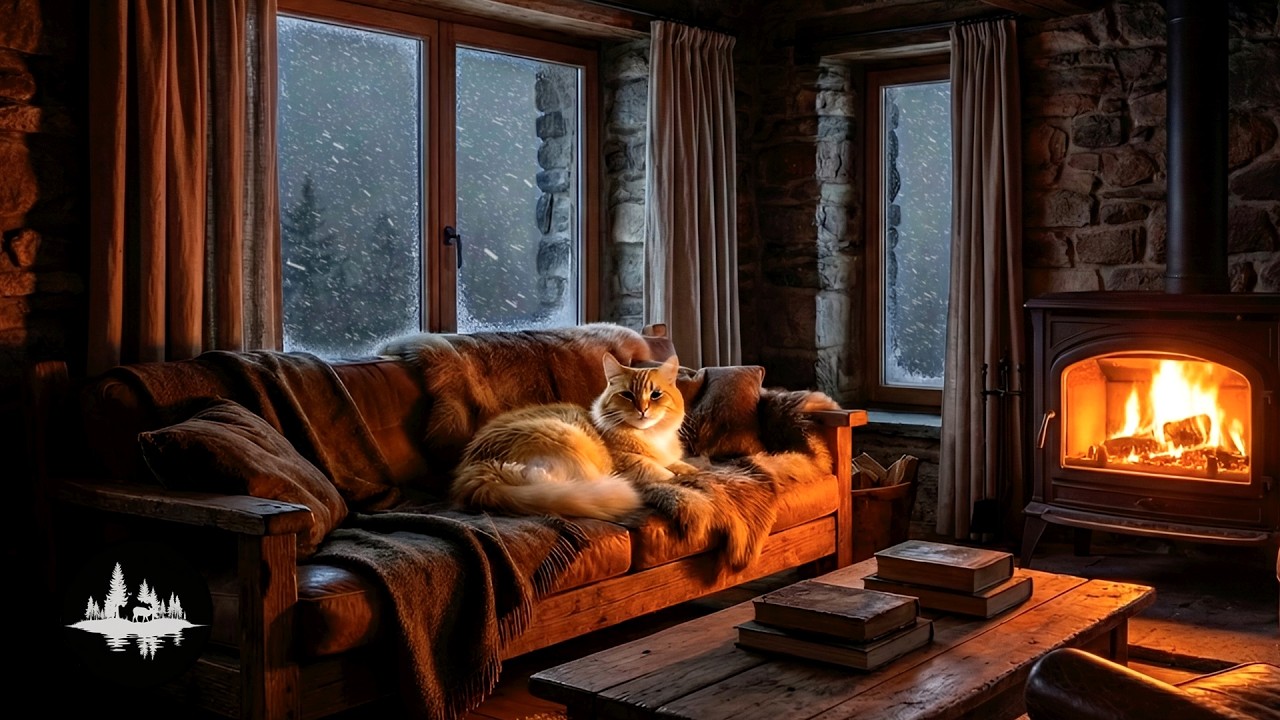Mountain Log Cabin Snowy Ambience with Sleeping Cat, Crackling Fireplace Sound (No Musıc) 4K