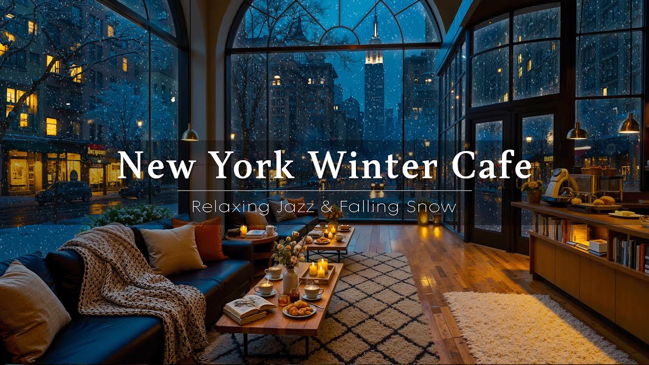 New York Coffee Shop Ambience ☕ Relaxing Winter Jazz Music & Gentle Snowfall for Working, Studying