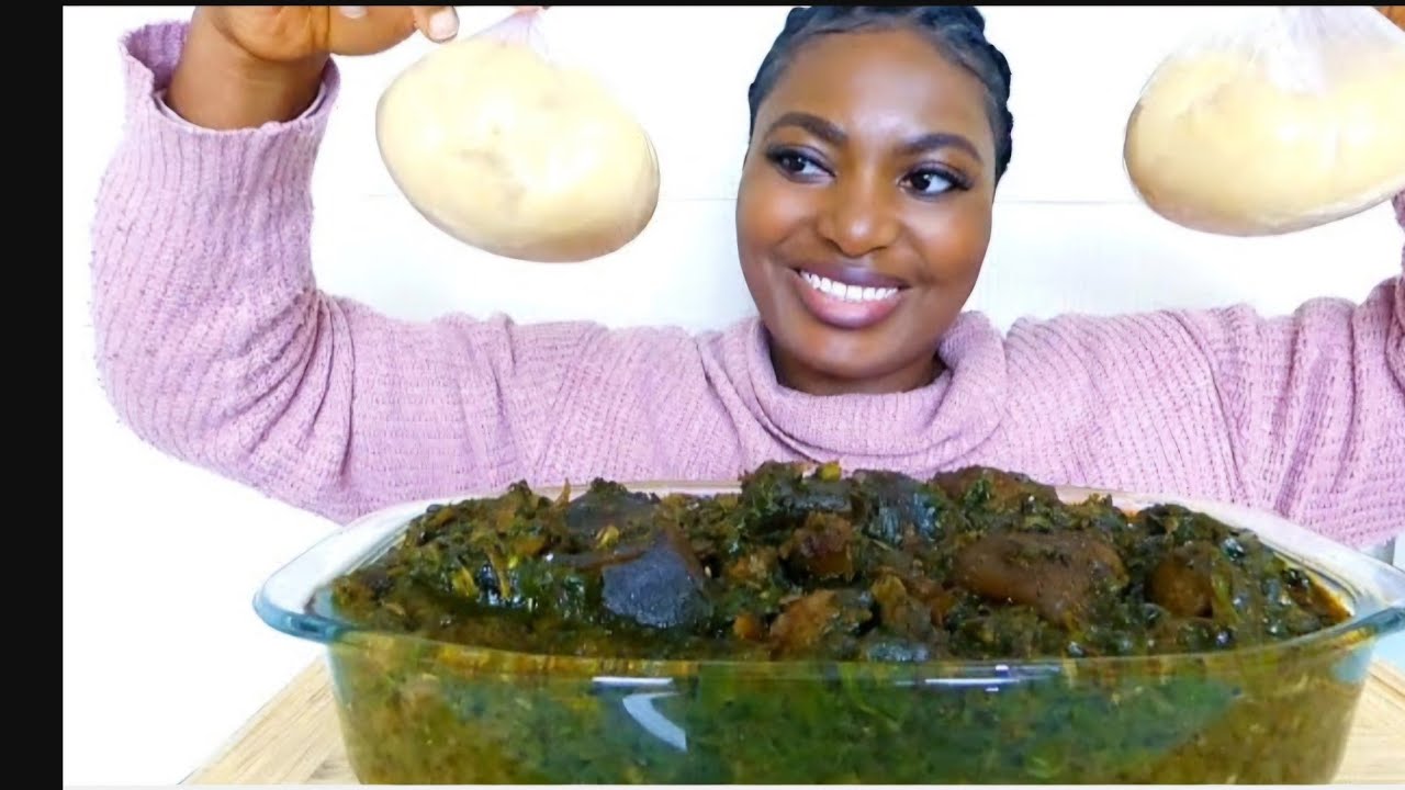 Asmr mukbang afang soup with fufu( cook and eat with me/ Nigerian food)