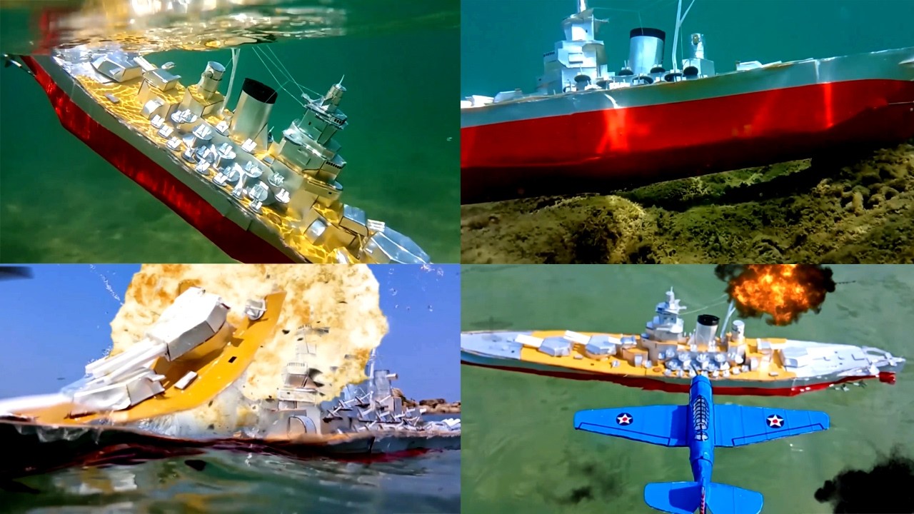 Battleship Yamato sinking, cardboard model of ship sinking after battle with planes, shipwreck