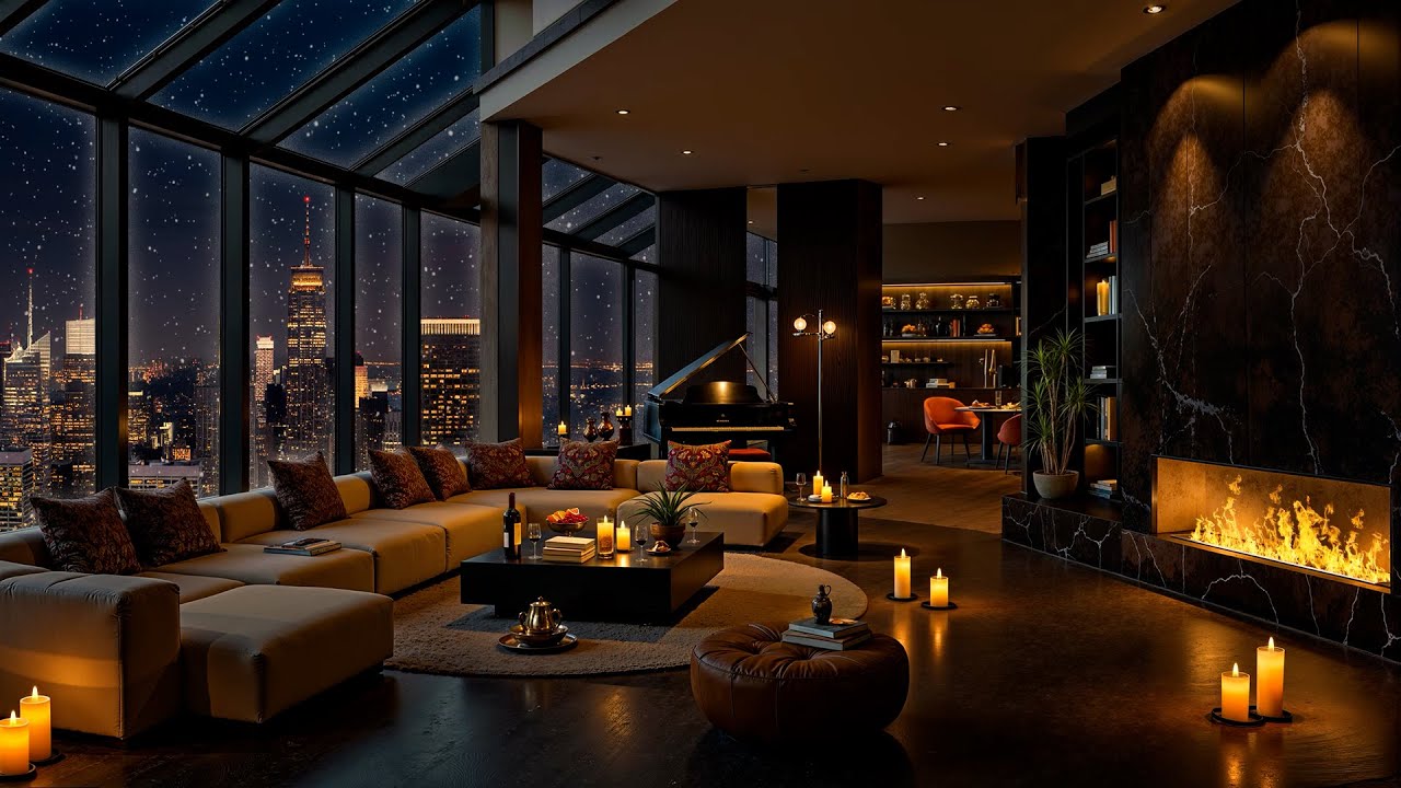 Cozy Apartment Ambience in NYC 🌃 Relaxing Jazz Saxophone Music & Snowfall for Studying, Sleeping
