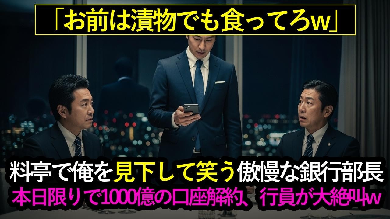 料亭で「漬物でも食ってろｗ」と笑う銀行部長➡俺「本日限りで1000億の口座解約しますｗ」行員が絶叫した結果ｗ #スカッとする話