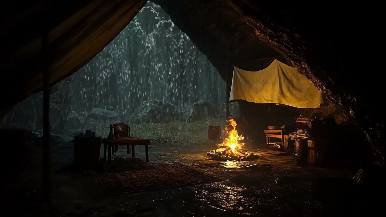 Tranquil Sleep in a Rainy Thunder Retreat: Soothing Bonfire Sounds for Stress Relief and Deep😴🌧️