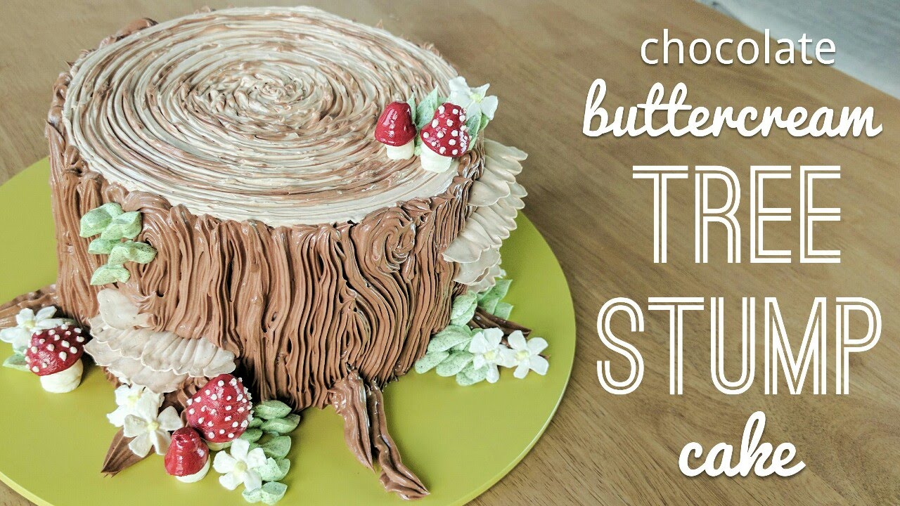 Relaxing cake decorating: all buttercream tree stump cake - piping bark, mushrooms, flowers