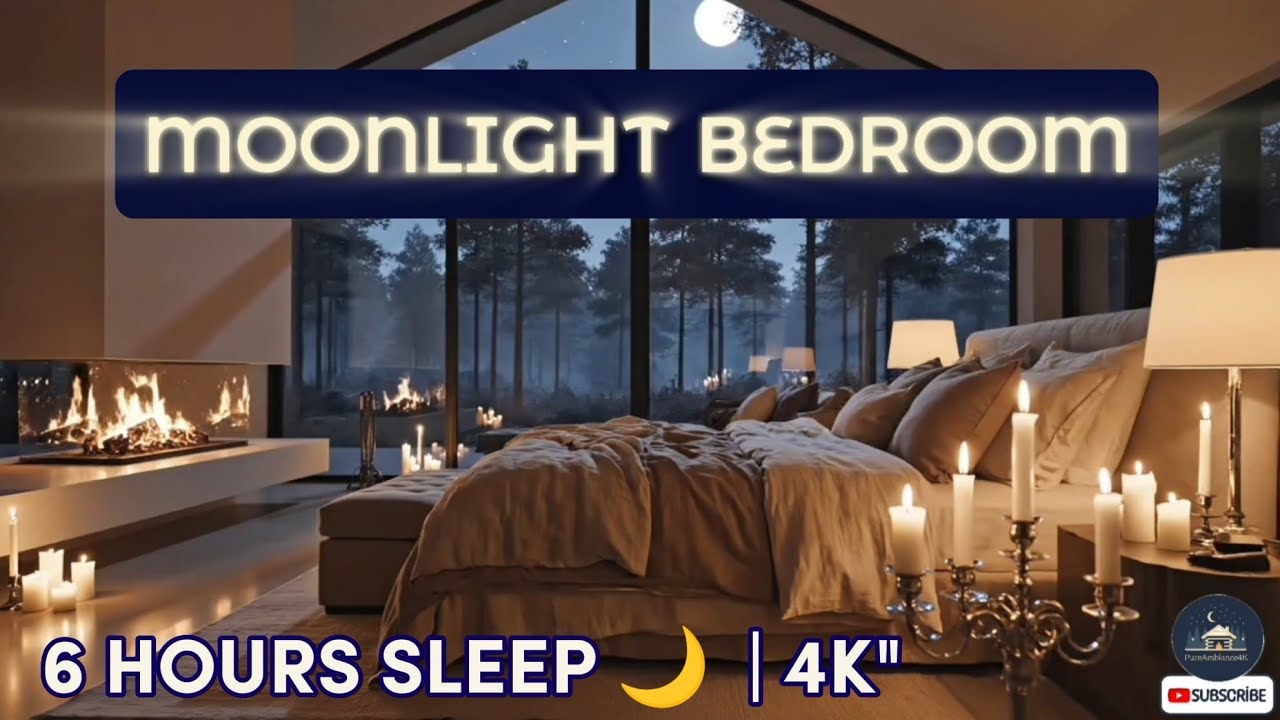 Cozy Bedroom Fireplace with Crickets & Moonlight - 6 Hours Forest Night Sounds for Deep Sleep 4K