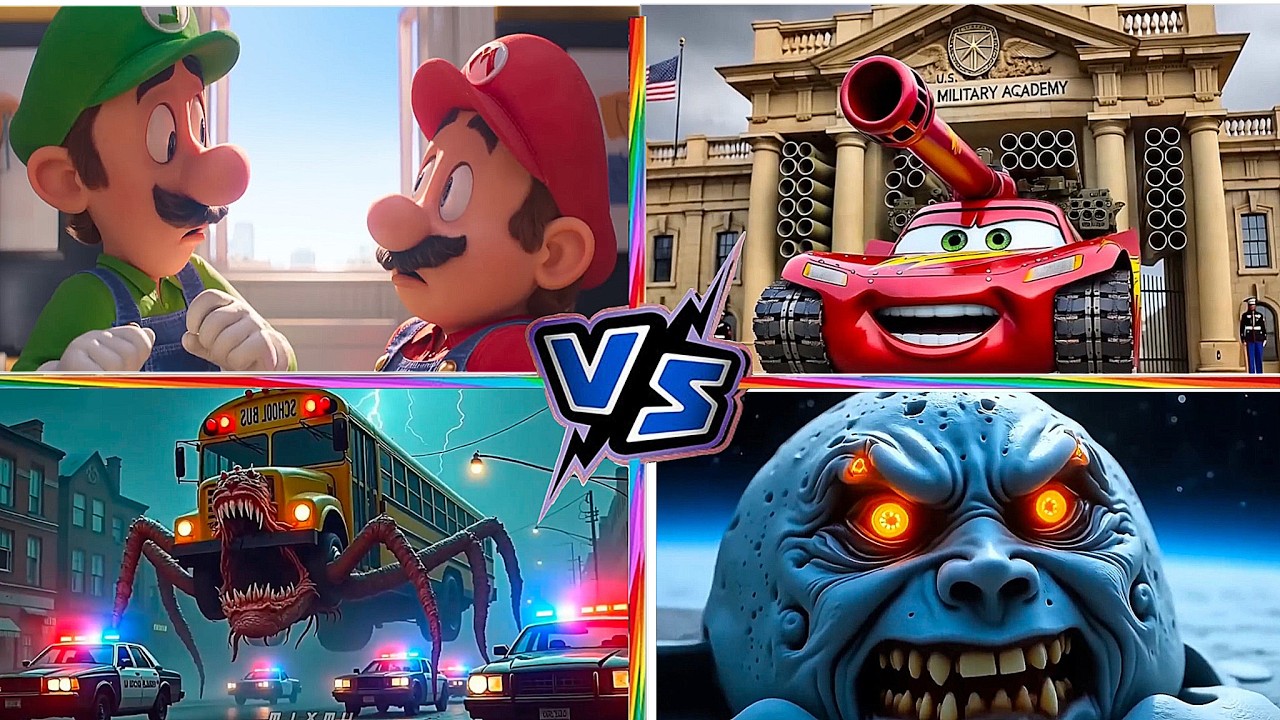 LUNAR MOON VS McQueen Tank VS Super MARIO VS School Bus Monster Tiles Hop EDM Rush 25