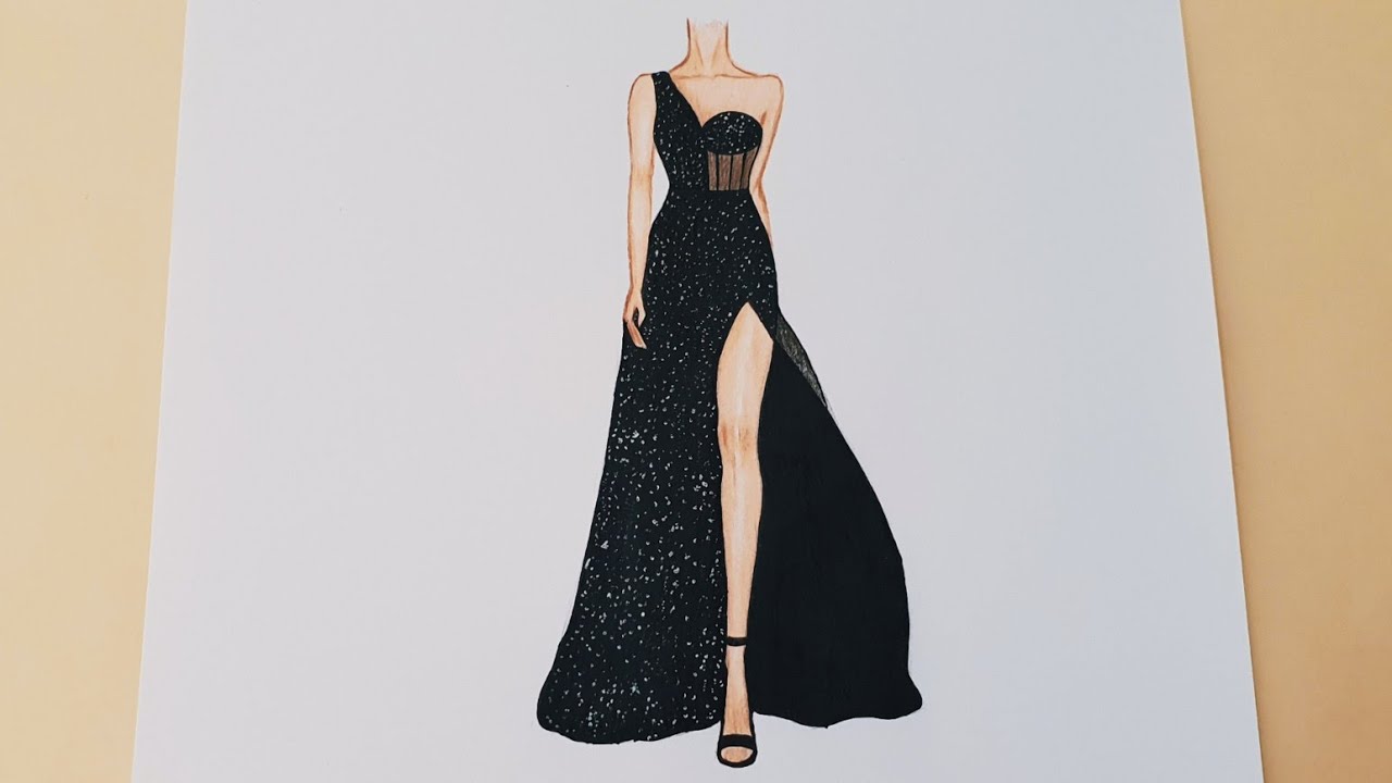  تعلم رسم فستان سهرة سهل للمبتدئين | how to draw dress sketching & coloring tutorial /fashion