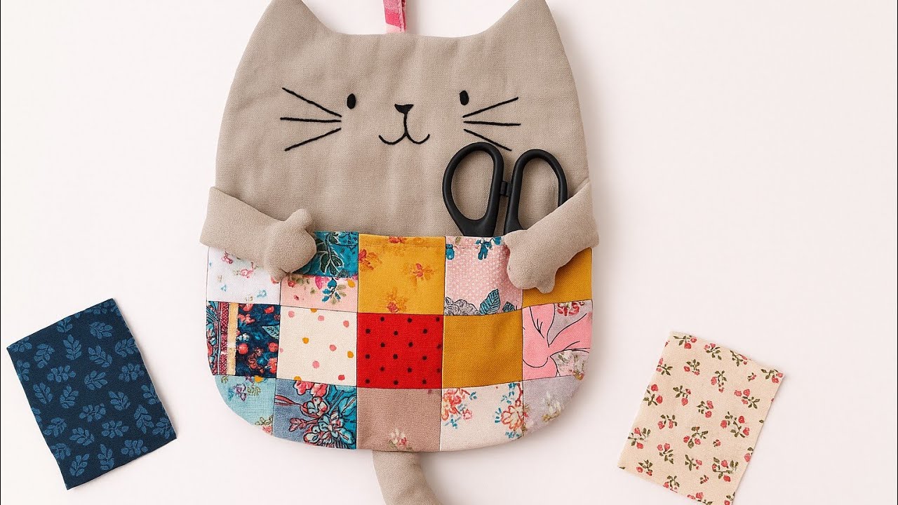 I turned fabric scraps into a wall hanging organizer|cat shaped organizer
