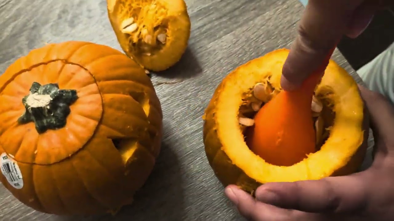 Carving old and rotten pumpkins 