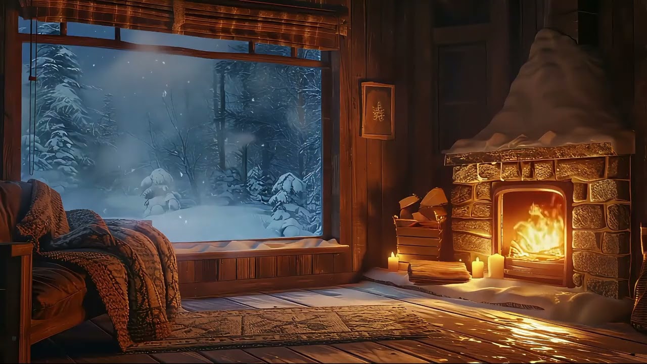 Cozy Winter Night Ambience | Slow Piano, Fireplace & Falling Snow for Relaxation (2 Hours)