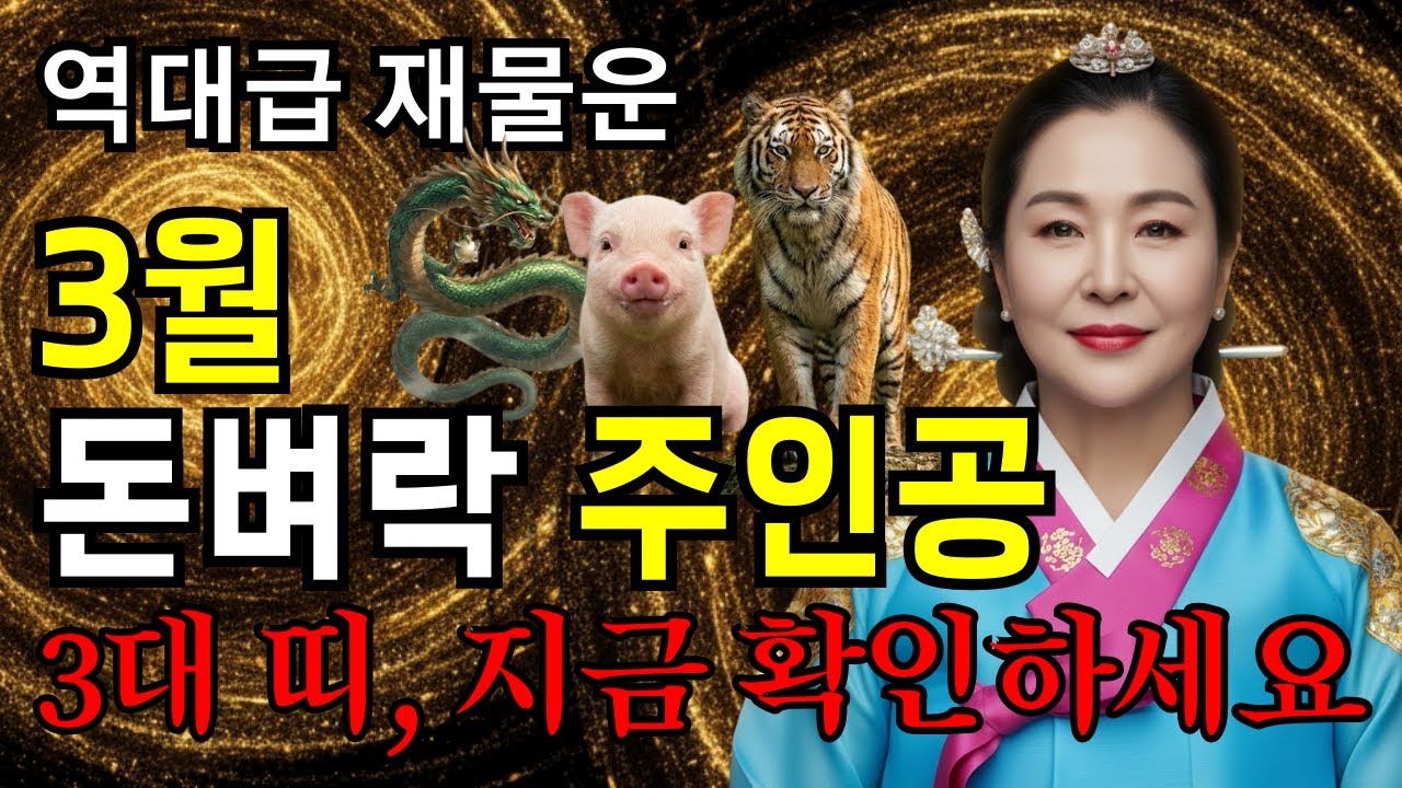 3월, 숨만 쉬어도 돈이 쏟아집니다! 당장 지갑부터 비워두세요 (역대급 재물운 터지는 3가지 띠) #2026년운세 #3월운세 #재물운 #금전운 #호랑이띠 #범띠 #용띠 #돼지띠