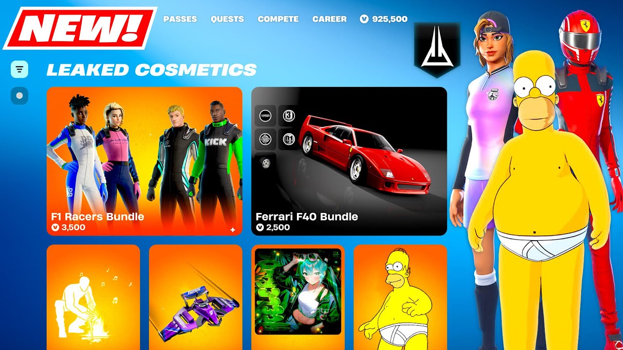 ALL NEW LEAKED Cosmetics Fortnite & ITEM SHOP (Giant Homer, F1 Racers, Ferrari F40, FREE Rewards)