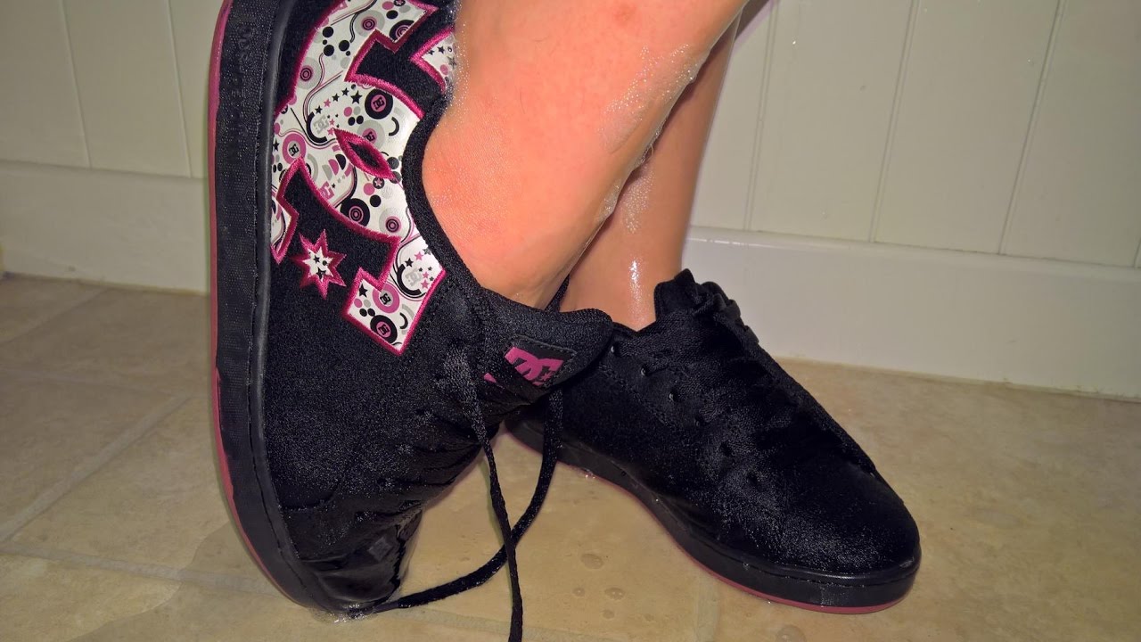 She is taking bath in DC Skate shoes