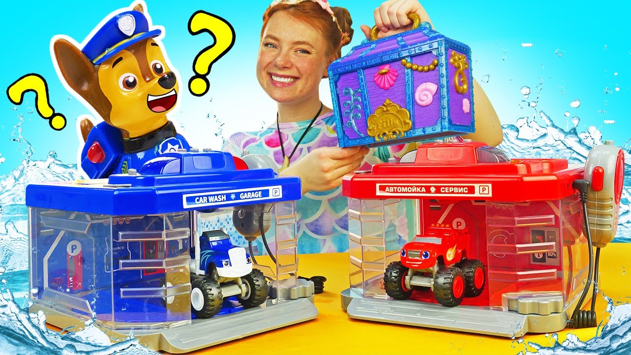 Die Schatztruhe der Meerjungfrau. Spielzeug Video mit der Paw Patrol. Waschanlage