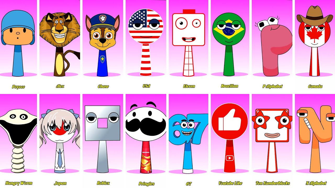 Incredibox Sprunki OC Phase 1 to Phase 4 Pocoyo, Chase, Eleven Nuberblocks, Canada, Hungry Worm, 67