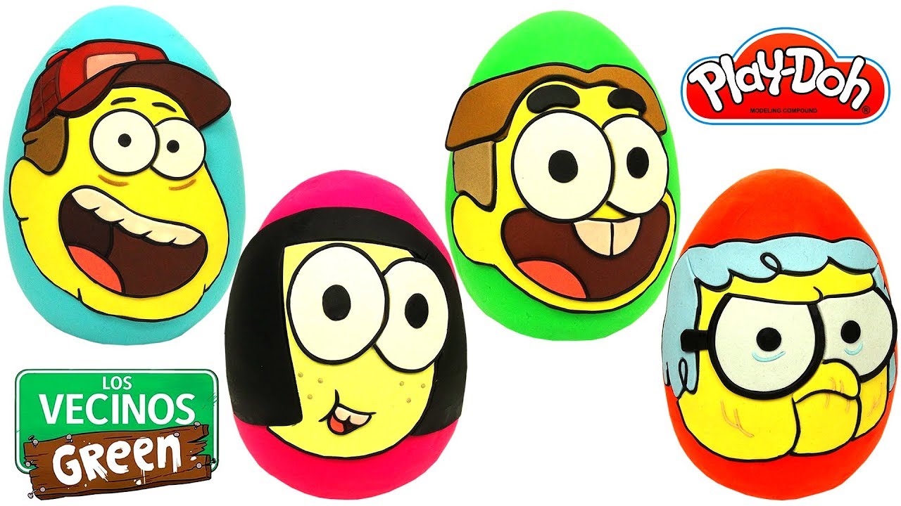 4 Huevos Sorpresas de Los Vecinos Green en Español de Plastilina Play Doh Juguetes Felices