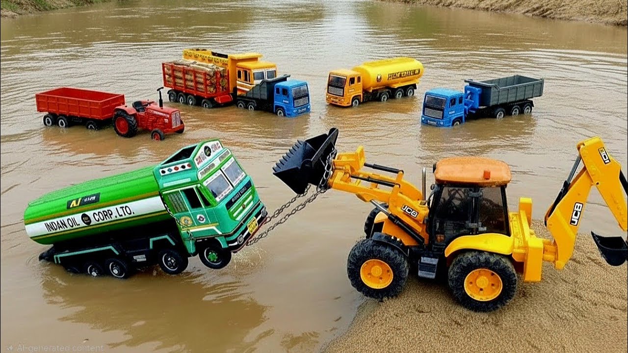 TATA Dumper TATA Tipper TATA Truck Accident Muddy Water Pulling Jcb Cartoon Tractor Crane ? CS Toy