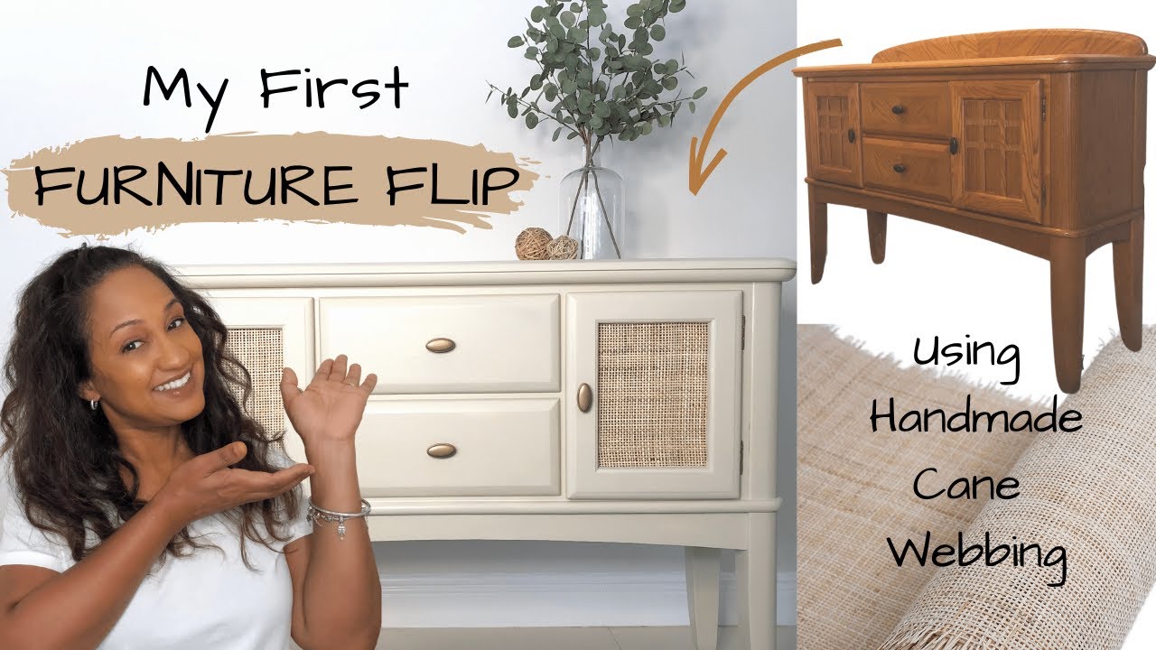 First Furniture Flip | Buffet Table Makeover | Cane Webbing DIY