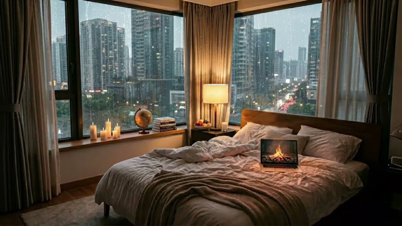 Cozy Rainy Evening in a Luxury Bedroom 🌧️ Fireplace & City View for Deep Sleep