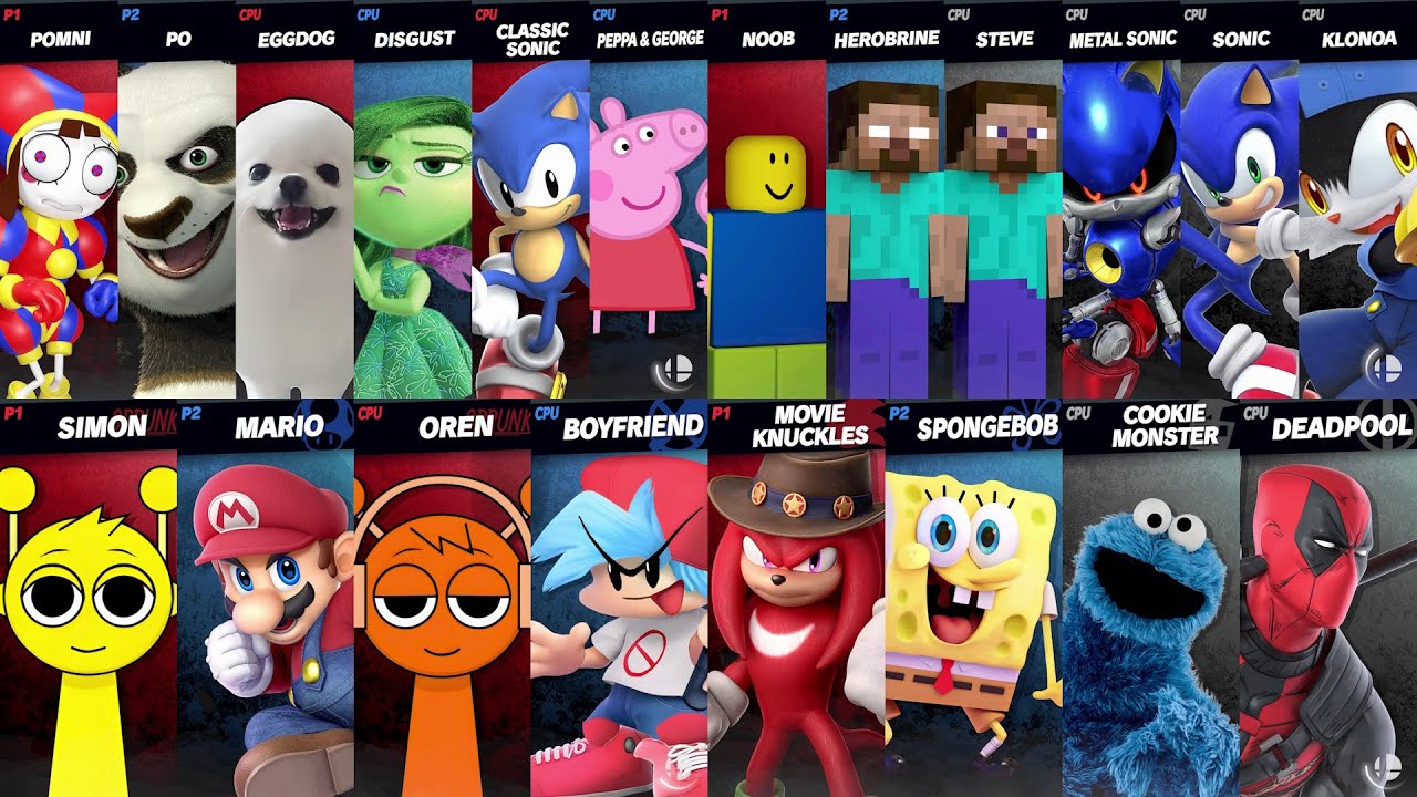 Sonic vs Mario vs Friday Night Funkin vs SpongeBob vs Steve vs Noob in Super Smash Bros Ultimate
