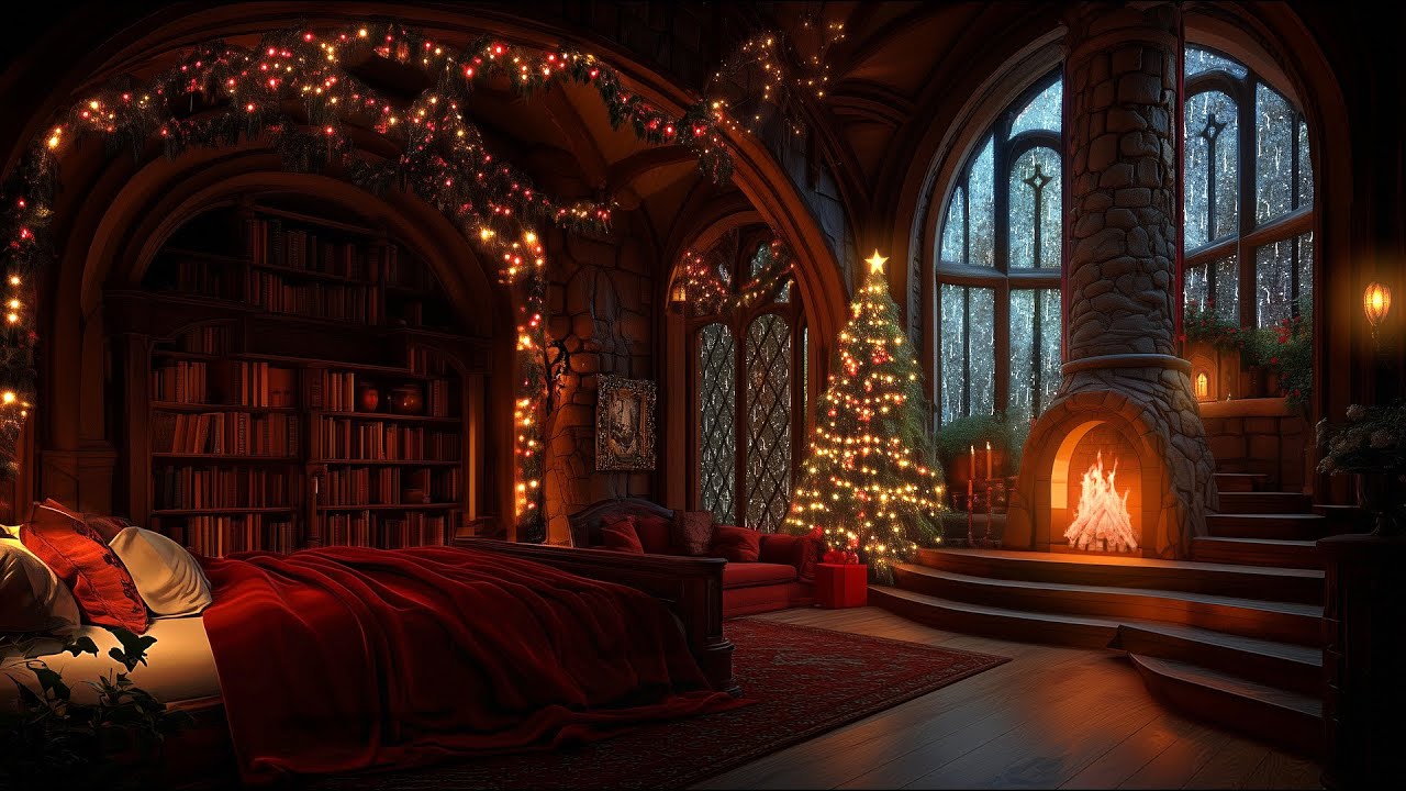 Cozy Christmas Castle Bedroom - Rain, Fireplace & Thunderstorm Sounds to Sleep Quickly for 12 hours