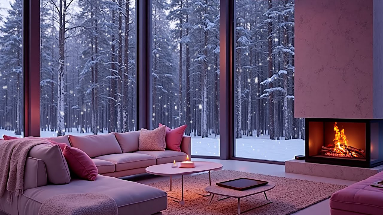 Cozy Winter Piano Music 🎹 Pink Room, Snowy Window Fireplace Ambience for Sleep & Relaxation