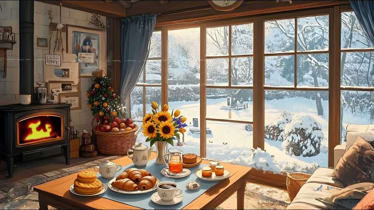 A Cozy Winter Morning in a Vintage Living Room with Breakfast & In-Room Jazz